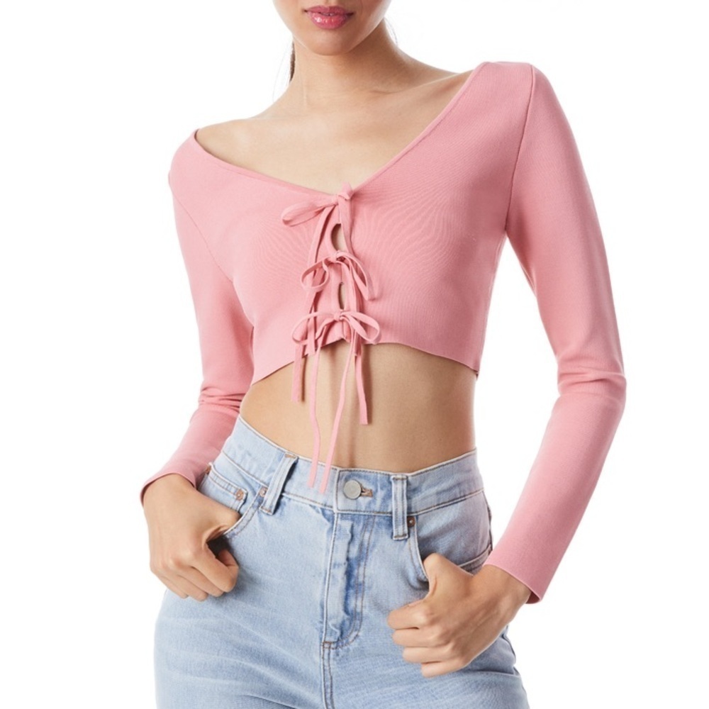 New Alice + Olivia Sharee Tie Crop Top Stretch V Neck Long Sleeve Rose Pink Sz M